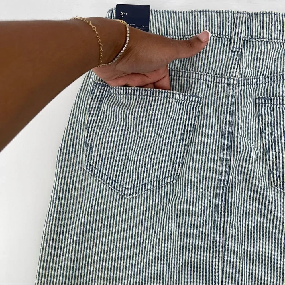 GAP Denim Girl’s High Rise Blue White Railroad Stripe Frayed Hem Denim Skirt 14
